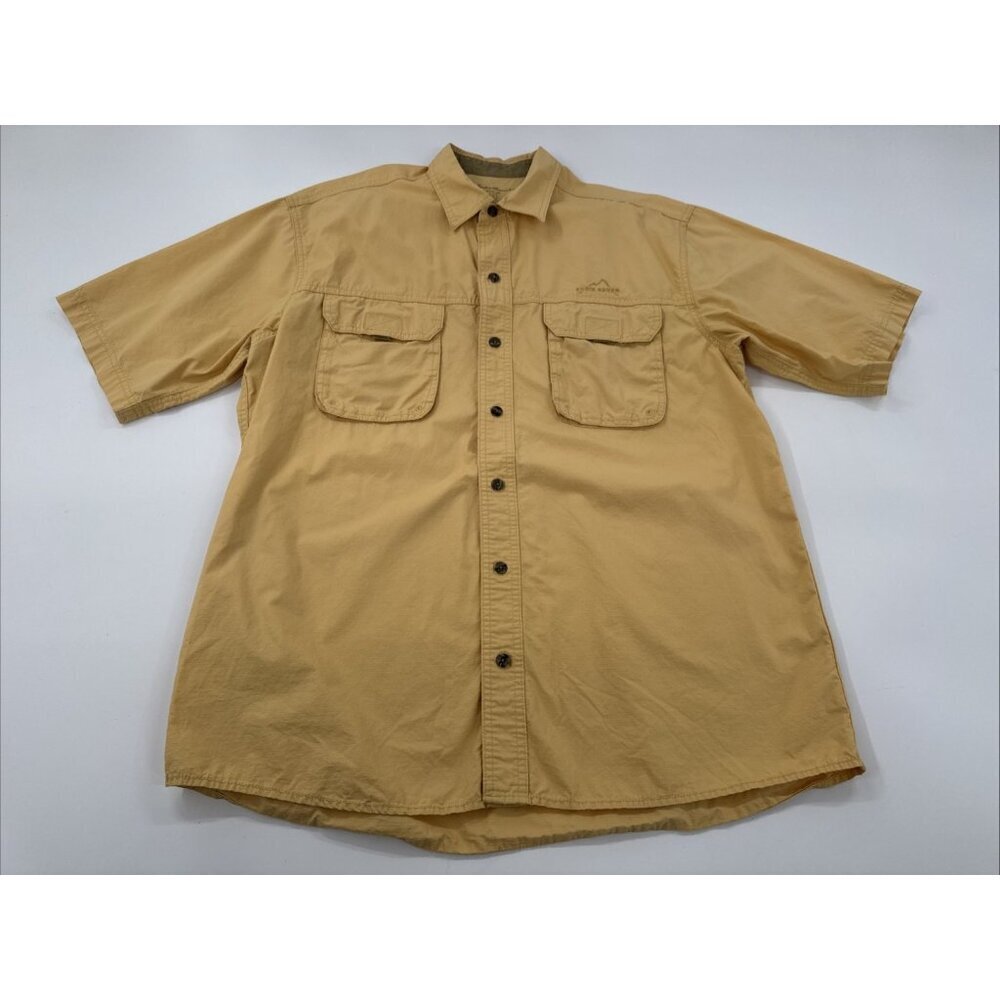 Eddie Bauer Camp Shirt Mens Large Yellow Button Up Hiking Outdoor Short Sleeve